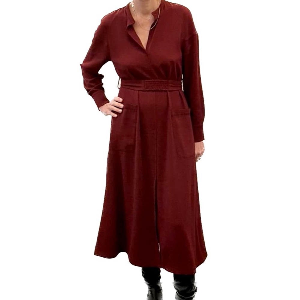 Maison Ullens Burgundy Long Sleeve Belted Midi Dress